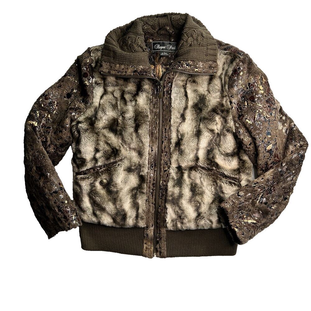 Regent Park Faux Fur Lined Jacket Brown Cozy Winter Zip Coat Size L‎